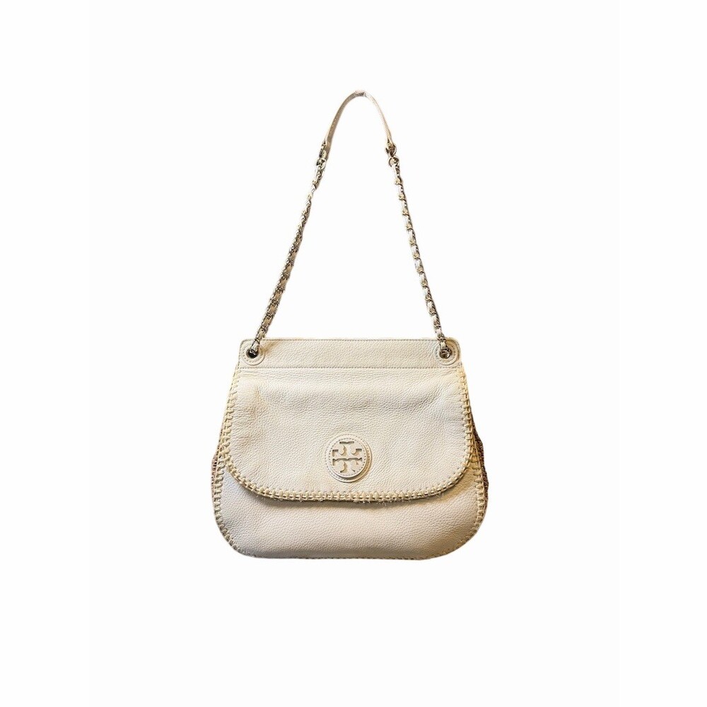 Tory Burch Marion Straw Saddle Bag In Ivory/Cream With Gold Chain Shoulder Strap
